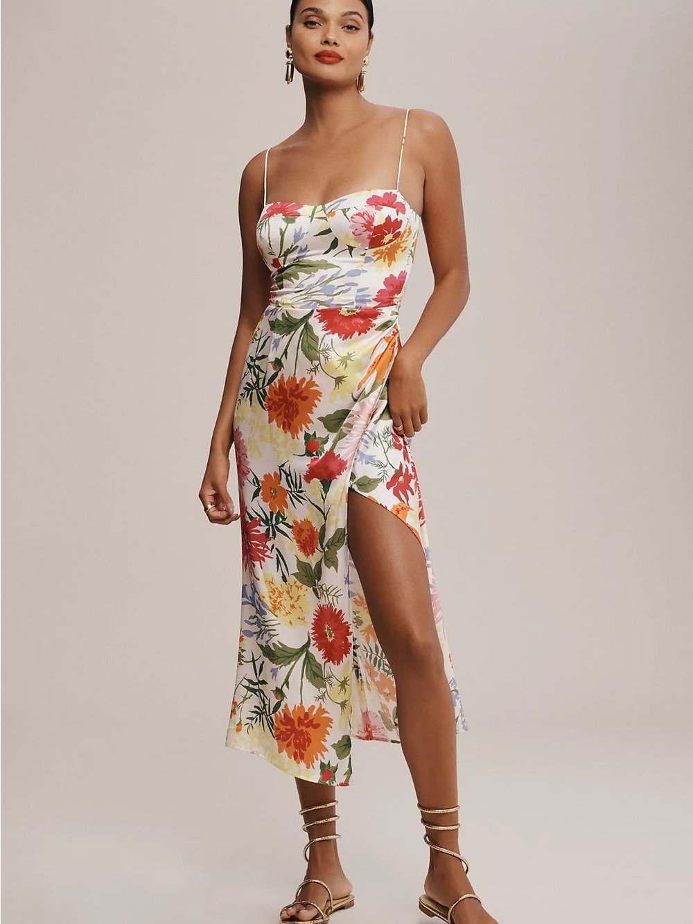 Reformation Marguerite floral silk satin side-slit midi dress